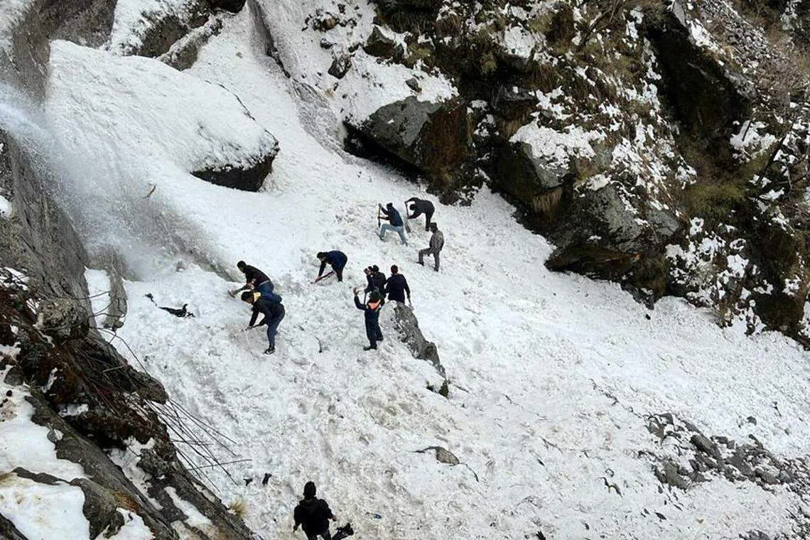 印度东北部锡金邦发生雪崩后，救援人员正在寻找幸存者。（路透社）