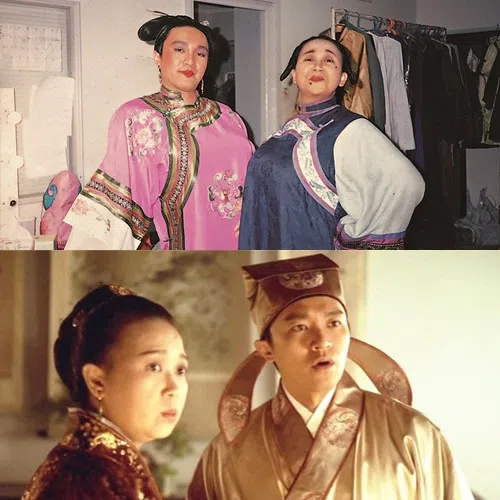 朱咪咪（上图右、下图左）与周星驰合演过《审死官》及《唐伯虎点秋香》。（互联网）
