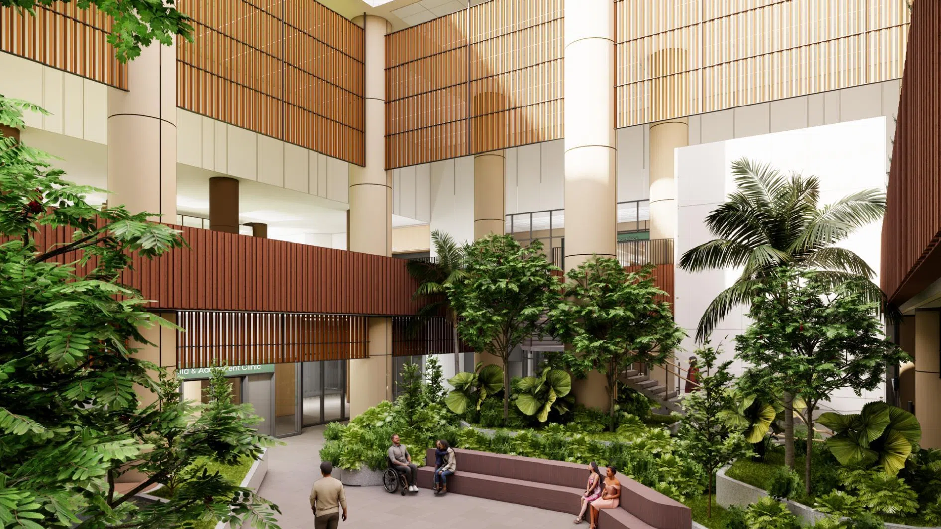 建成后的亚历山大医院住院大楼中庭，将充满绿意。（亚历山大医院提供构想图）