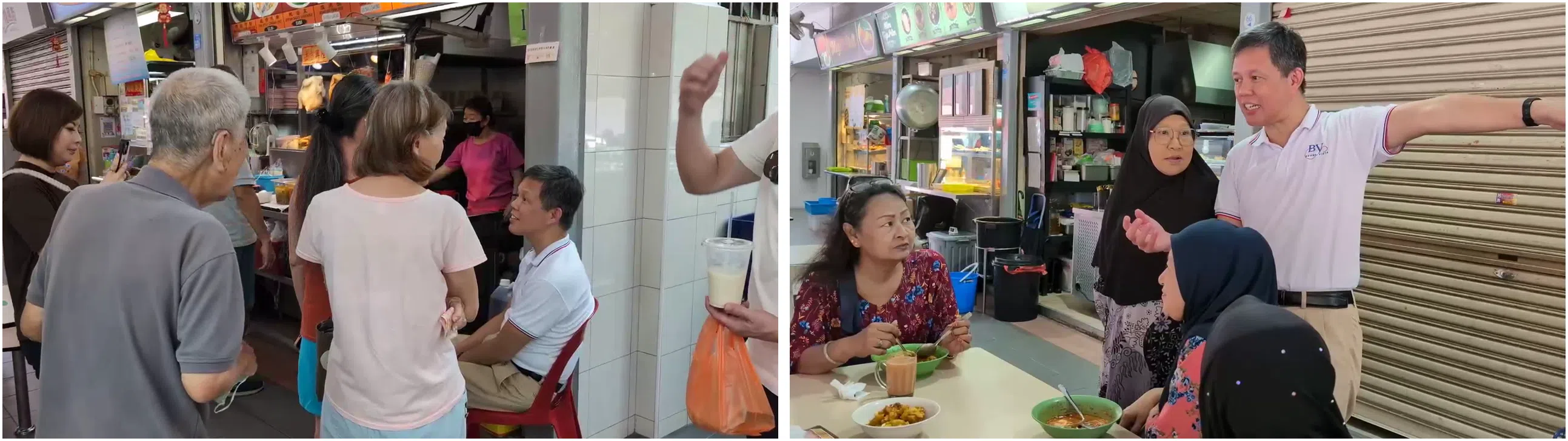 陈振声走访联邦弯巴刹与熟食中心，与居民交谈甚欢。（视频截图）