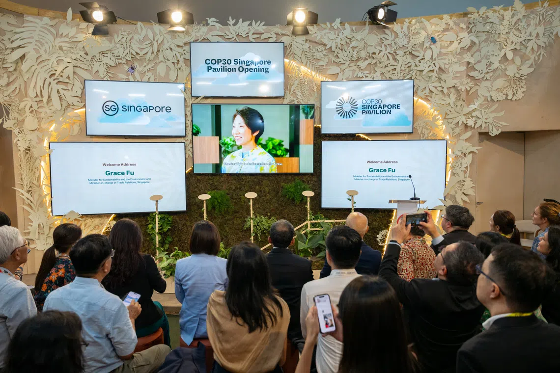 永续发展与环境部长傅海燕星期一（11月10日），通过预录视频为COP30新加坡馆开幕致辞时说，新加坡已准备就绪，在COP30上全力贡献。（COP30新加坡馆提供）
