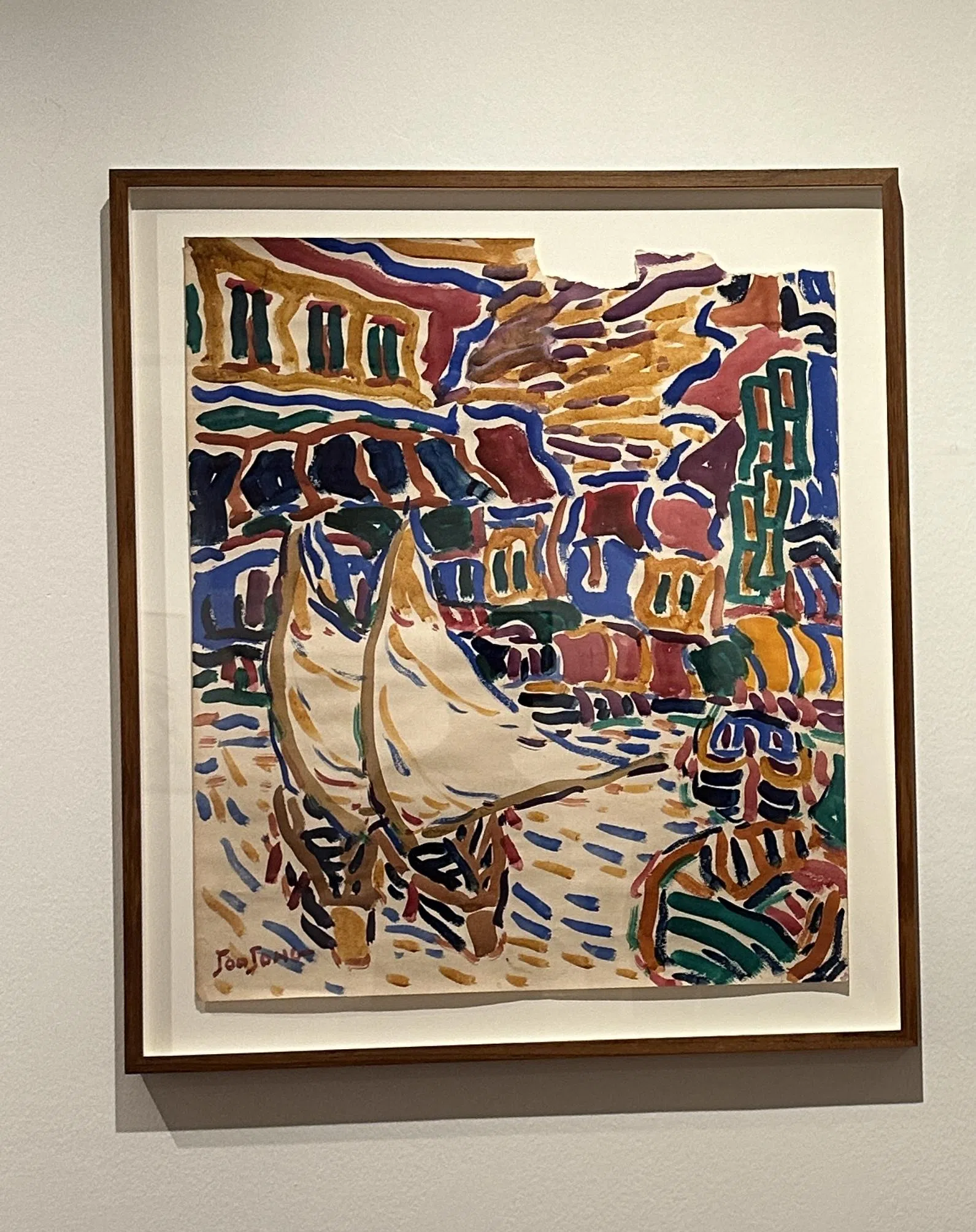 陈有勇纸本水彩《河里的船》近乎儿童涂鸦。（黄向京摄）