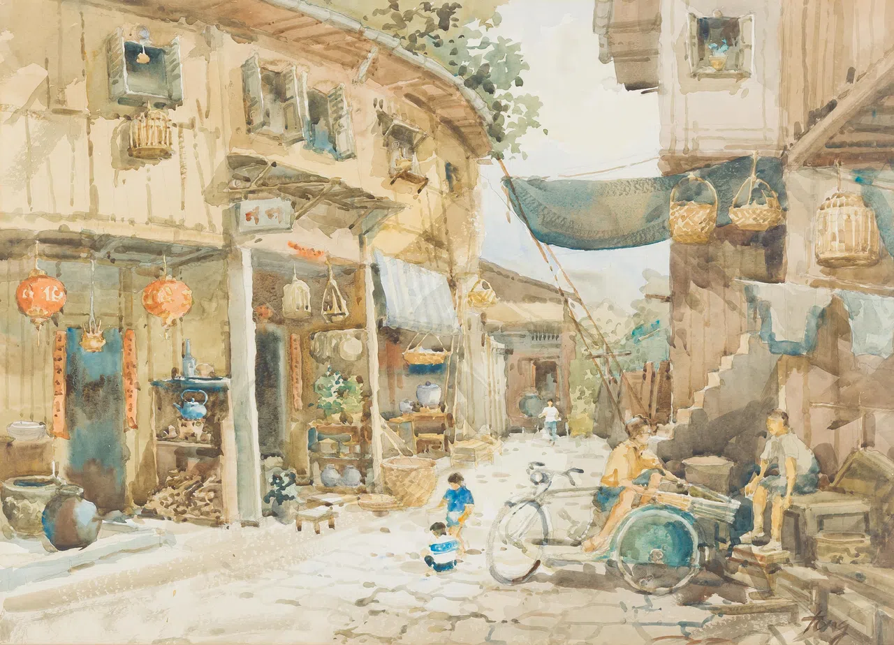 童振狮水彩画《后巷》（1961）。（新报业媒体华文媒体集团藏画、焦点出版提供）