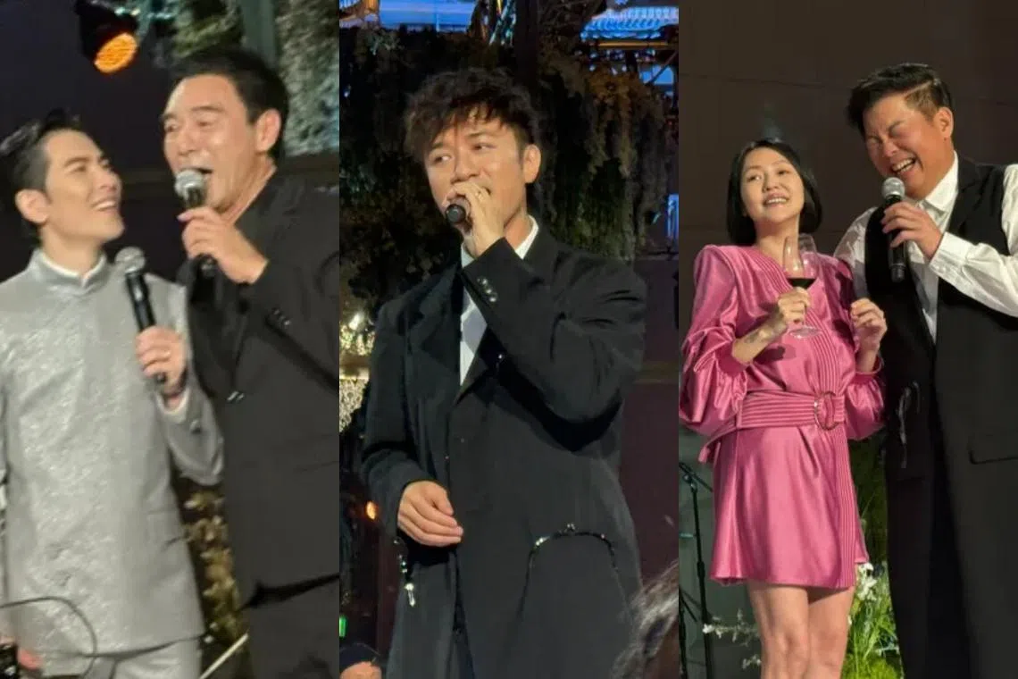 萧敬腾（左起）、锺镇涛、古巨基、小S和曾国城都在婚宴舞台上秀一段表演。（互联网）