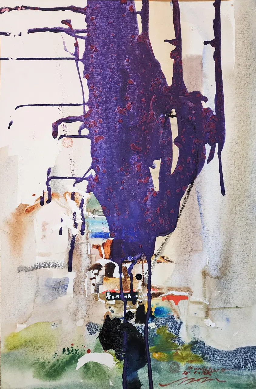 林辉忠水彩画《干达哈街》（Kandahar Street，2025）带墨韵。（集雅轩提供）