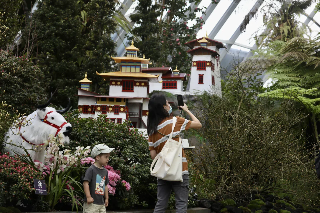 花展还展示不丹著名地标——虎穴寺（Tiger’s Nest Monastery）的模型，重现寺庙标志性的金顶和白墙。（陈心媛摄）