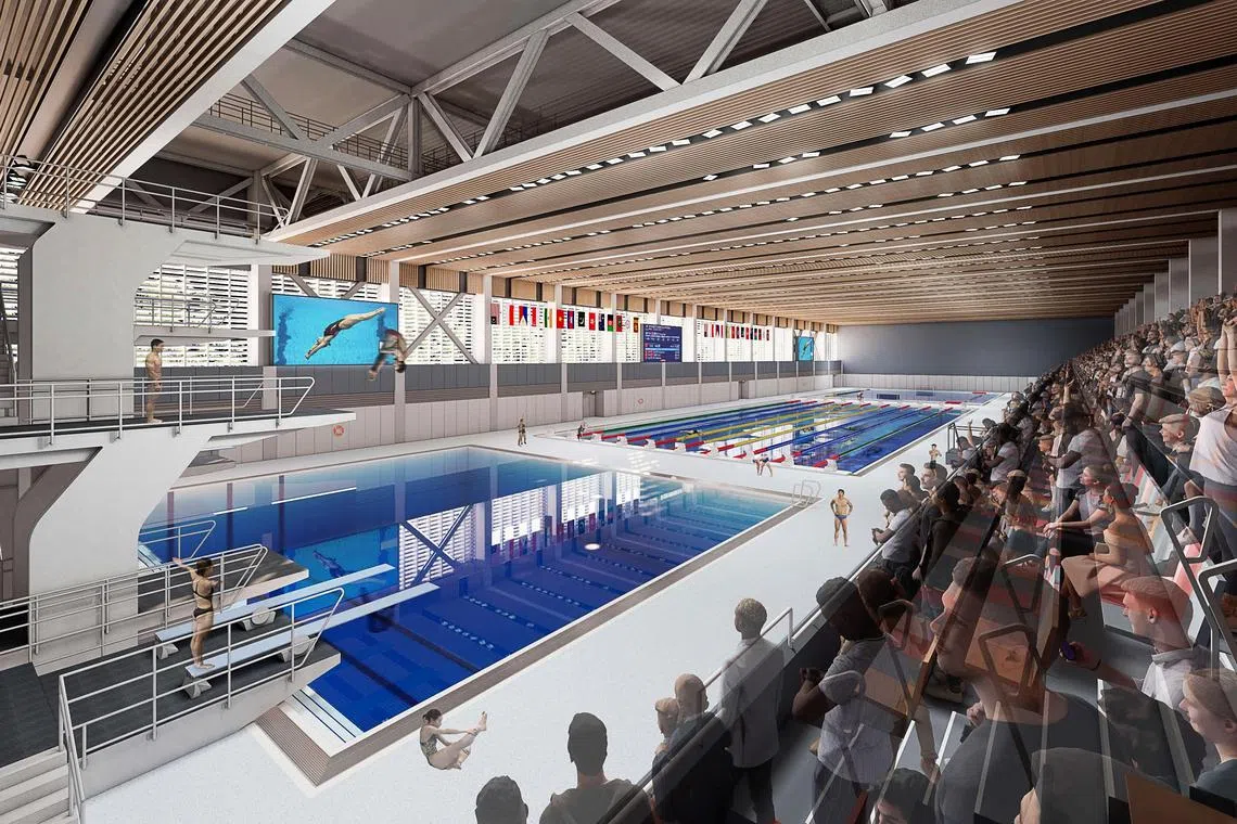 大巴窑综合发展项目竣工后，将为公众提供多元体育设施，包括构想图中提供有盖游泳池的水上运动中心。（新加坡体育理事会提供）