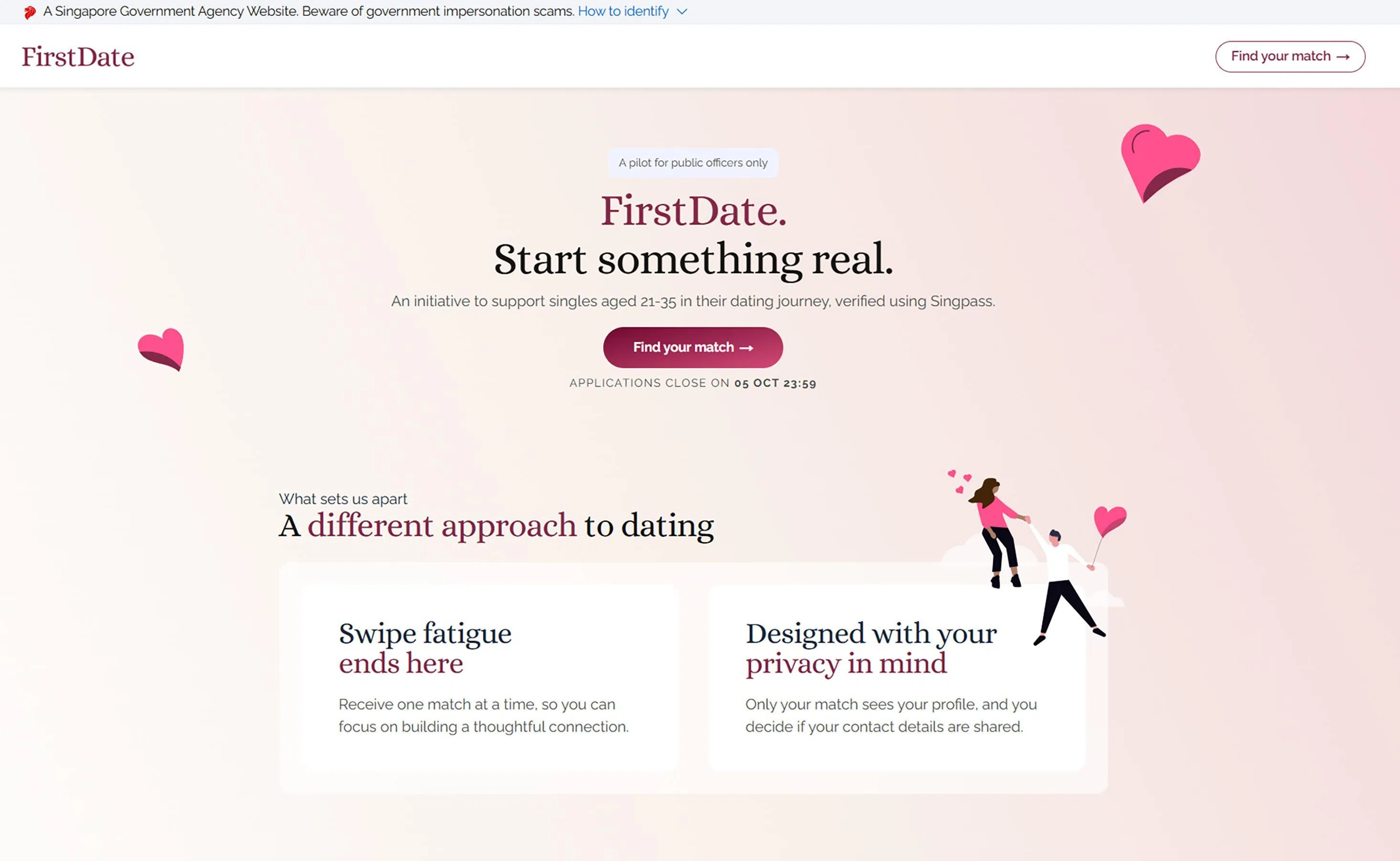 FirstDate在9月29日展开试点，用户先通过Singpass验证身份，回答30道人生观、价值观和择偶条件的问题。（FirstDate网页截图）