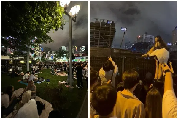 群众在演唱会会场外席地而坐，免费听歌（左图），有人甚至不顾危险爬墙。（互联网）