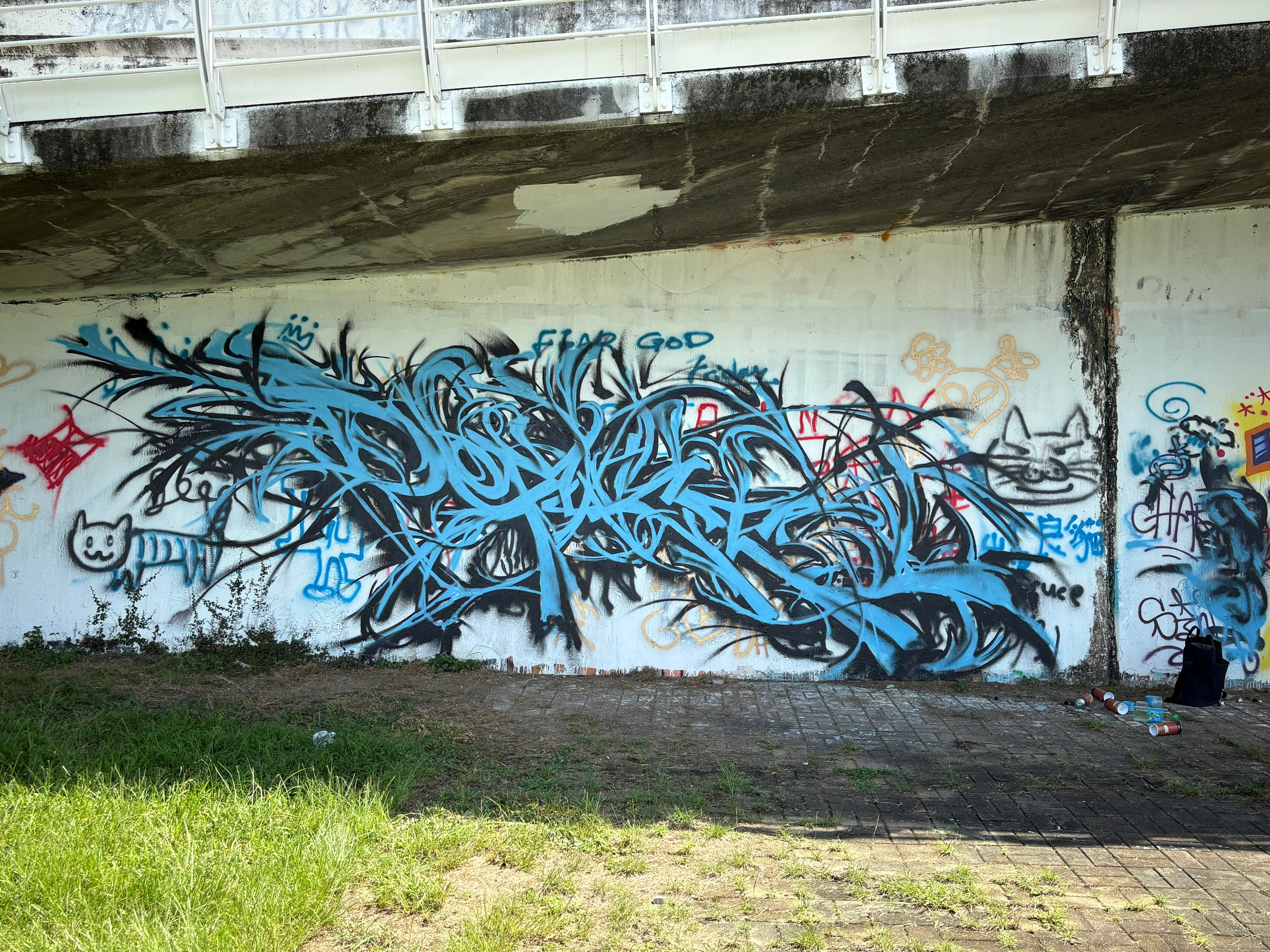 叶容硕自14岁起尝试墙面喷漆创作，未来也计划探索更多街头艺术形式。图为他2025年于台北内湖完成的墙面喷漆作品，尚未命名。（叶容硕提供）