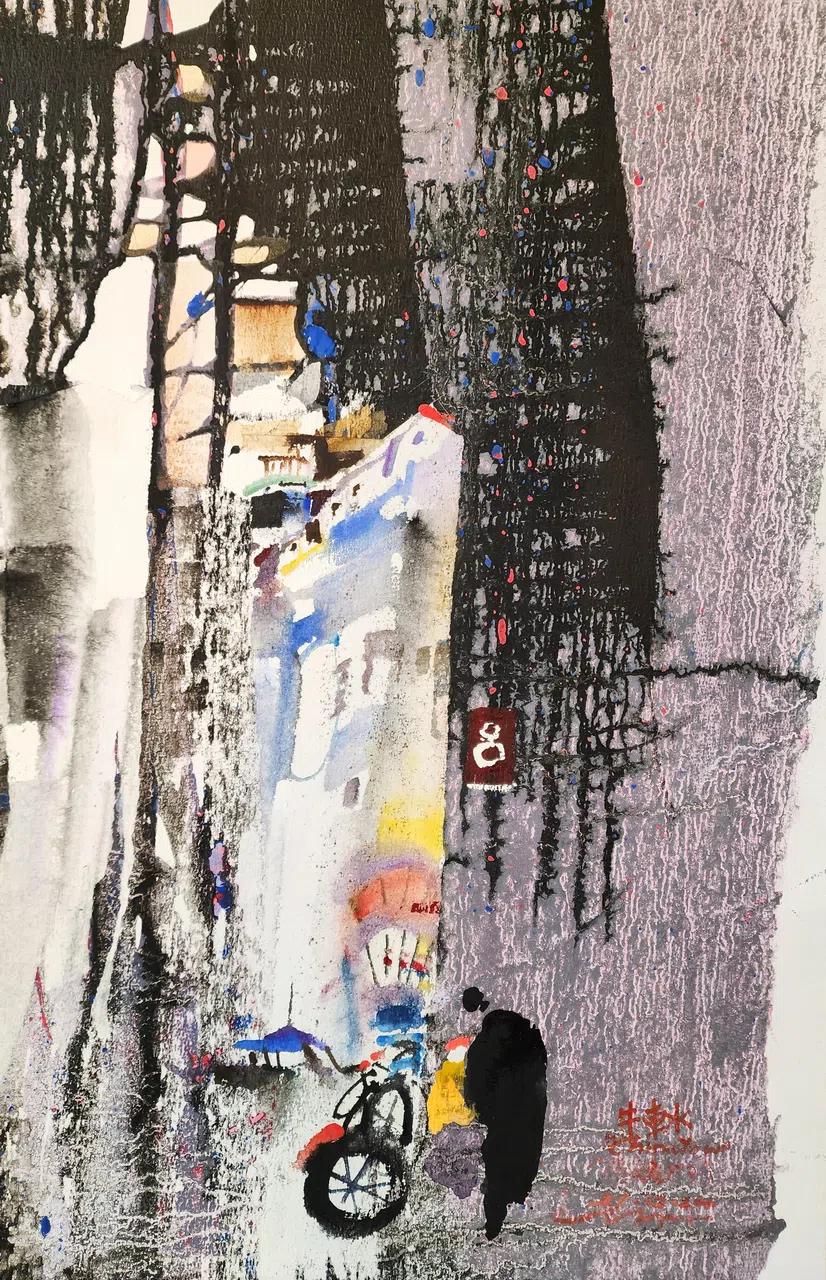 林辉忠水彩画《牛车水》。（集雅轩提供）