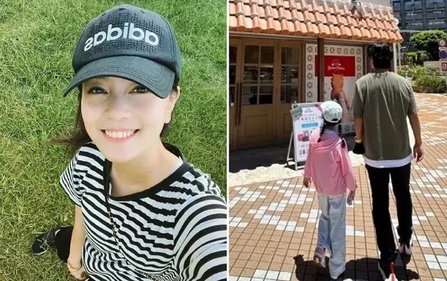 喻虹渊（左图）2024年和家人到冲绳岛游玩时，曾在社媒分享老公和女儿背影照。（互联网）