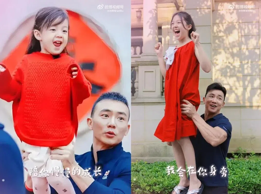 刘畊宏与女儿小泡芙摆出和旧照一样的姿势，拍摄对比照。（互联网）
