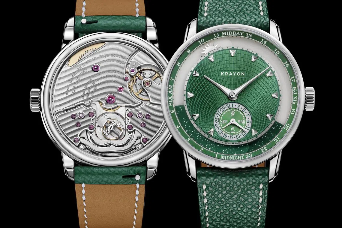 Anywhere采用Krayon独家研发的天文机芯，可通过表冠调整地理坐标，计算不同位置的日出与日落时间。（Krayon提供）