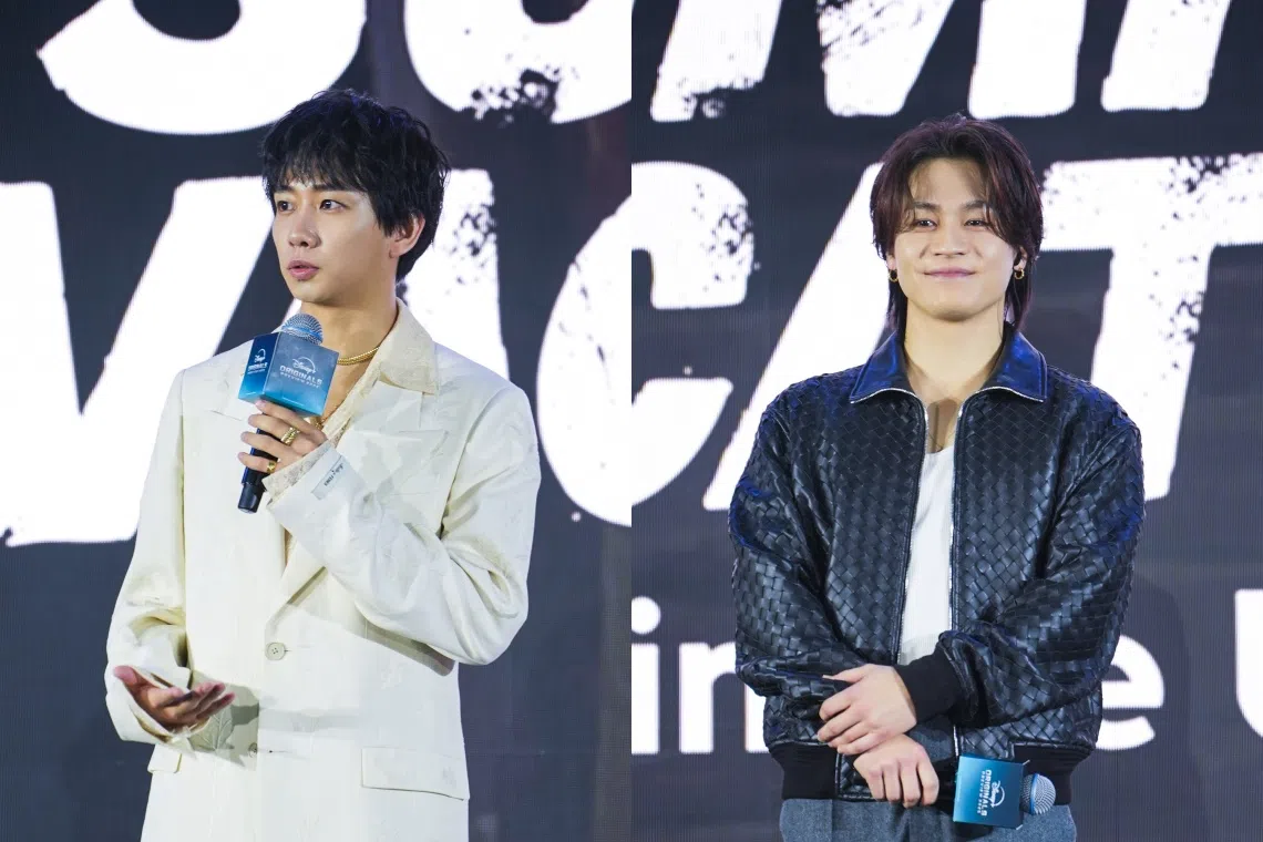 Travis Japan成员松田元太（右）和中村海人为新节目造势。（Disney+提供）