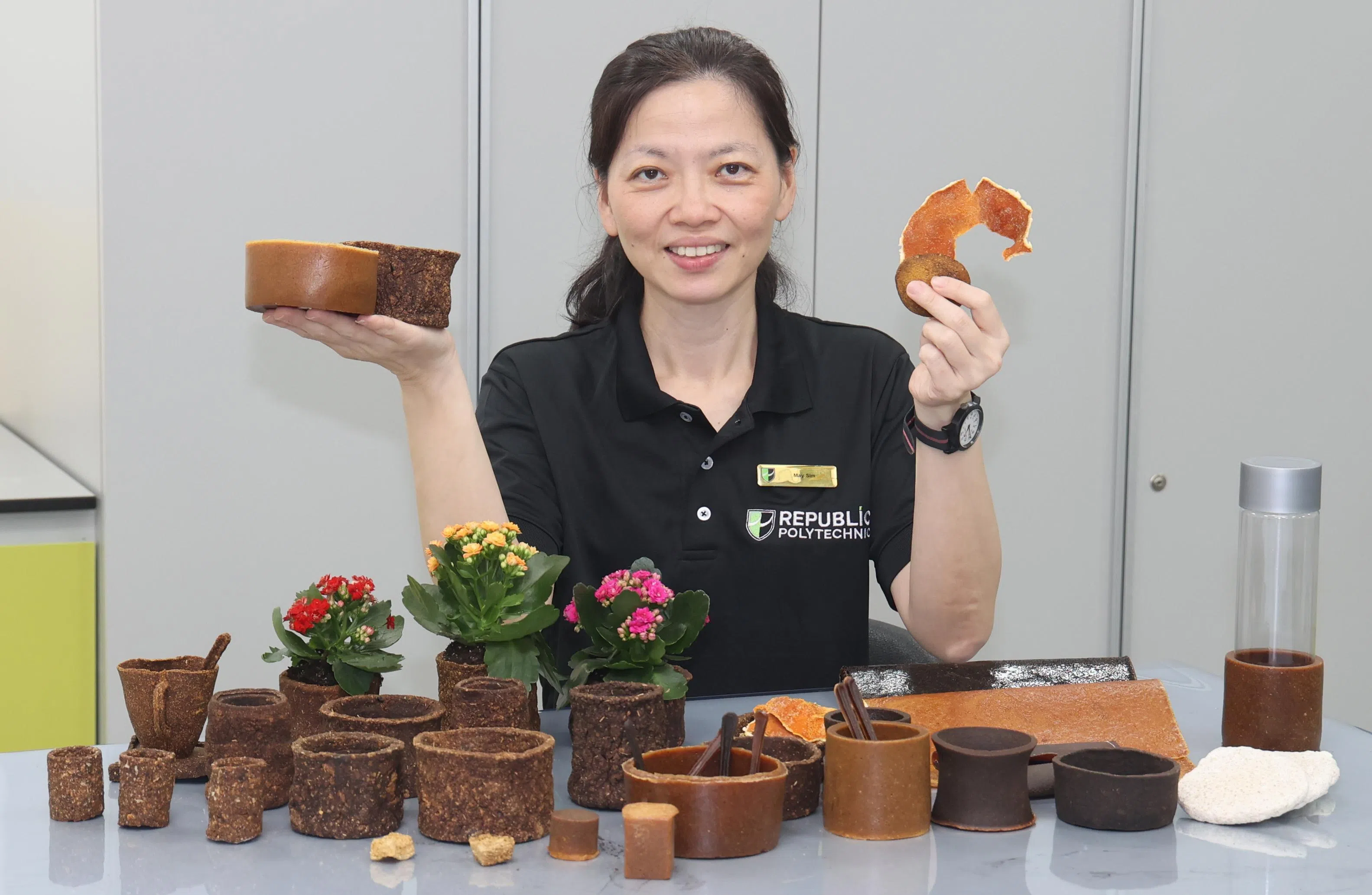 共和理工学院应用科学系材料创新专家沈丽媚认为，塑料花盆在植物长大后往往被丢弃，回收不易。因此，她设计一种可自然分解，同时为植物提供养分的花盆，让植物可连盆直接种入土壤，无需从容器中取出或重新移植。（邬福梁摄）