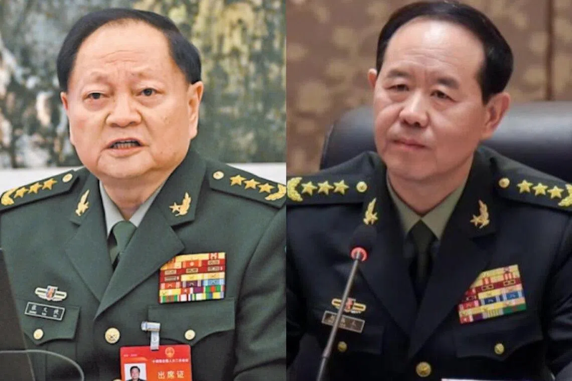 中国国防部上星期六（1月24日）宣布，中共中央军委副主席张又侠（左）与身兼中央军委联合参谋部参谋长刘振立涉嫌严重违纪违法被查。（互联网）
