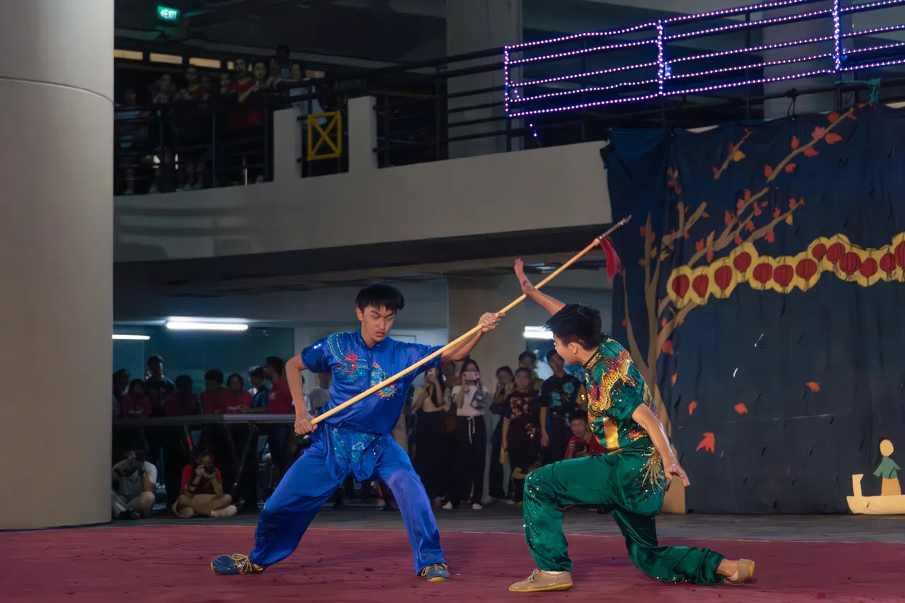 武术队员虎虎生威的动作令人屏住呼吸，目不转睛。（简亦萱摄）