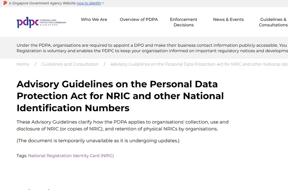 不再认为身份证号码应隐秘政府正更新PDPA相关指导原则| 联合早报