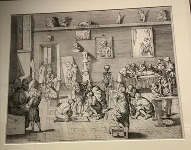 版画家兼设计师皮耶特罗·弗朗切斯科·阿尔贝蒂的蚀刻版画《画家学院》（1600）。（黄向京摄）