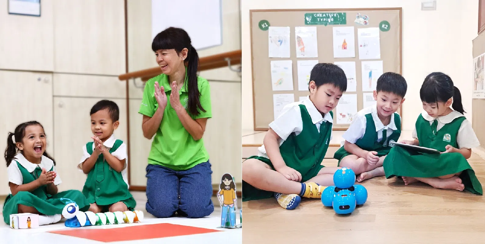 从实体编程玩教具到平板上的故事编程，幼儿在无屏幕的实体环境与数码学习之间探索逻辑、顺序与创意的世界。（图/馨乐园提供）