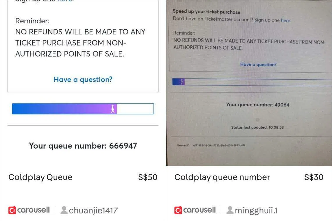 谋利者出售Coldplay演唱会购票的排队号码。（Carousell网页载图）