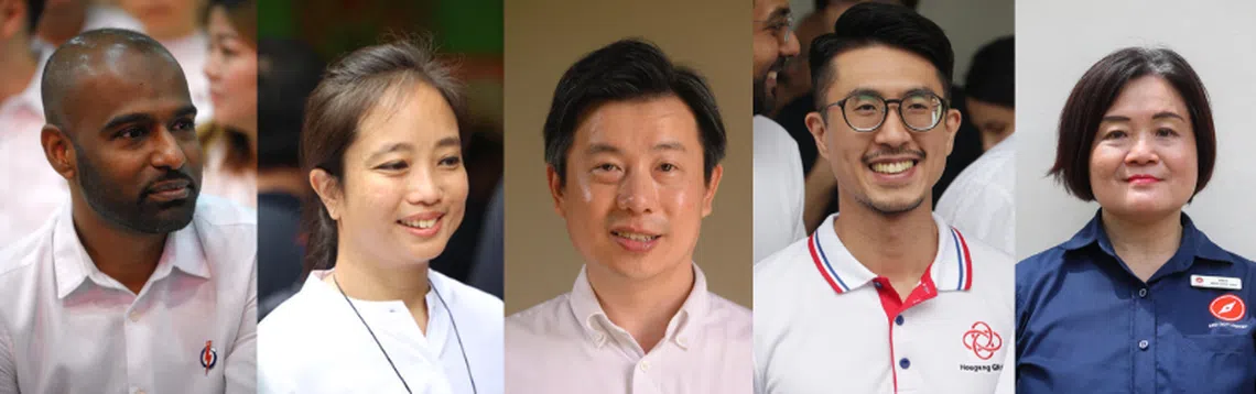 人民行动党的多名新面孔，来届大选可能上阵的选区已经明朗化，包括活跃于西海岸—裕廊西集选区的贺明医生（左起）、出现在白沙—樟宜集选区宣传材料上的李乃怡、被介绍是行动党三巴旺集选区团队一员的蓝延理，以及日前出任后港区基层组织顾问的林于晖。右一为红点同心党的胡佳颖，她预计将到新划分的裕廊中区参选。（档案照片）