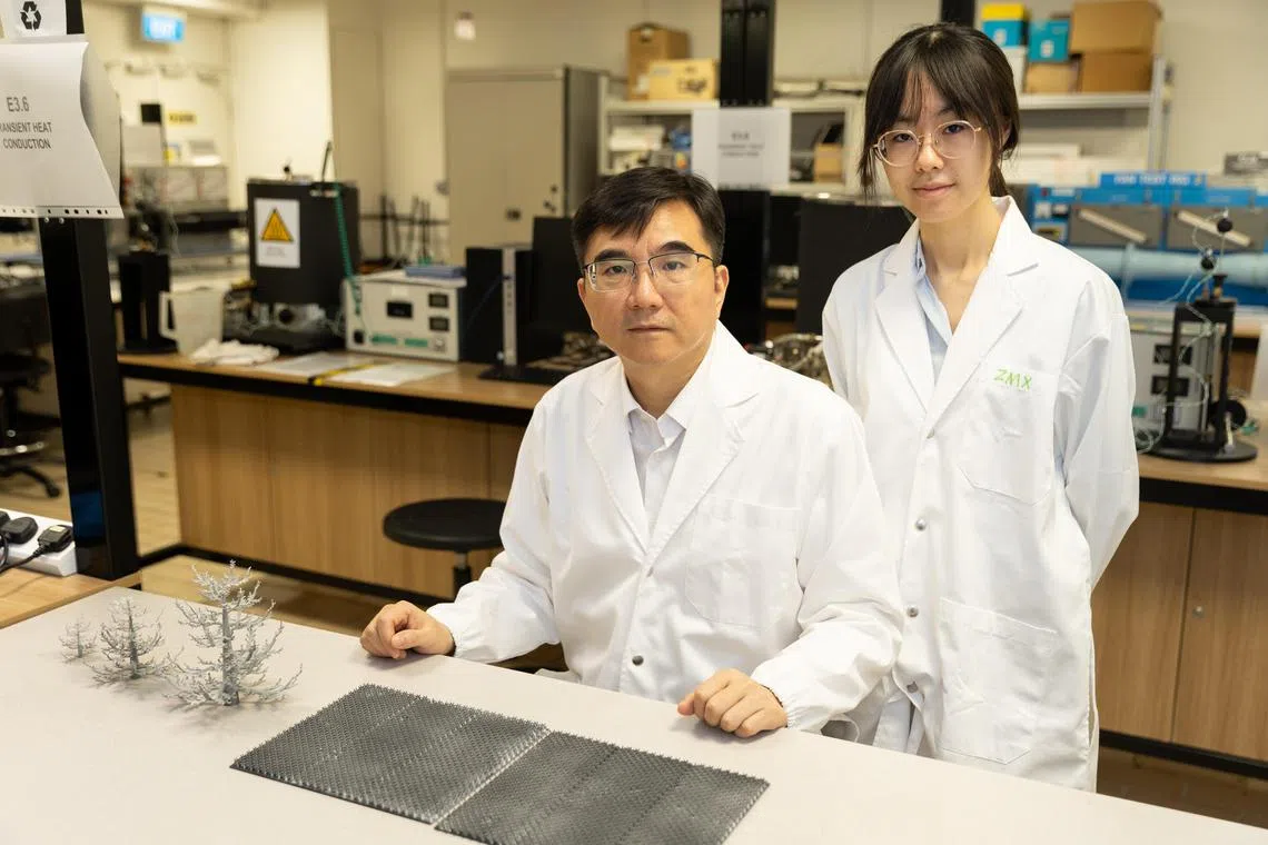 周琨教授（左）指出，使用树状设计可以增加太阳能蒸汽发生器的表面积，从而增强水的传输和加速蒸发效率。右为参与研究的机械学院博士生高铭。（特约沈康雄摄）