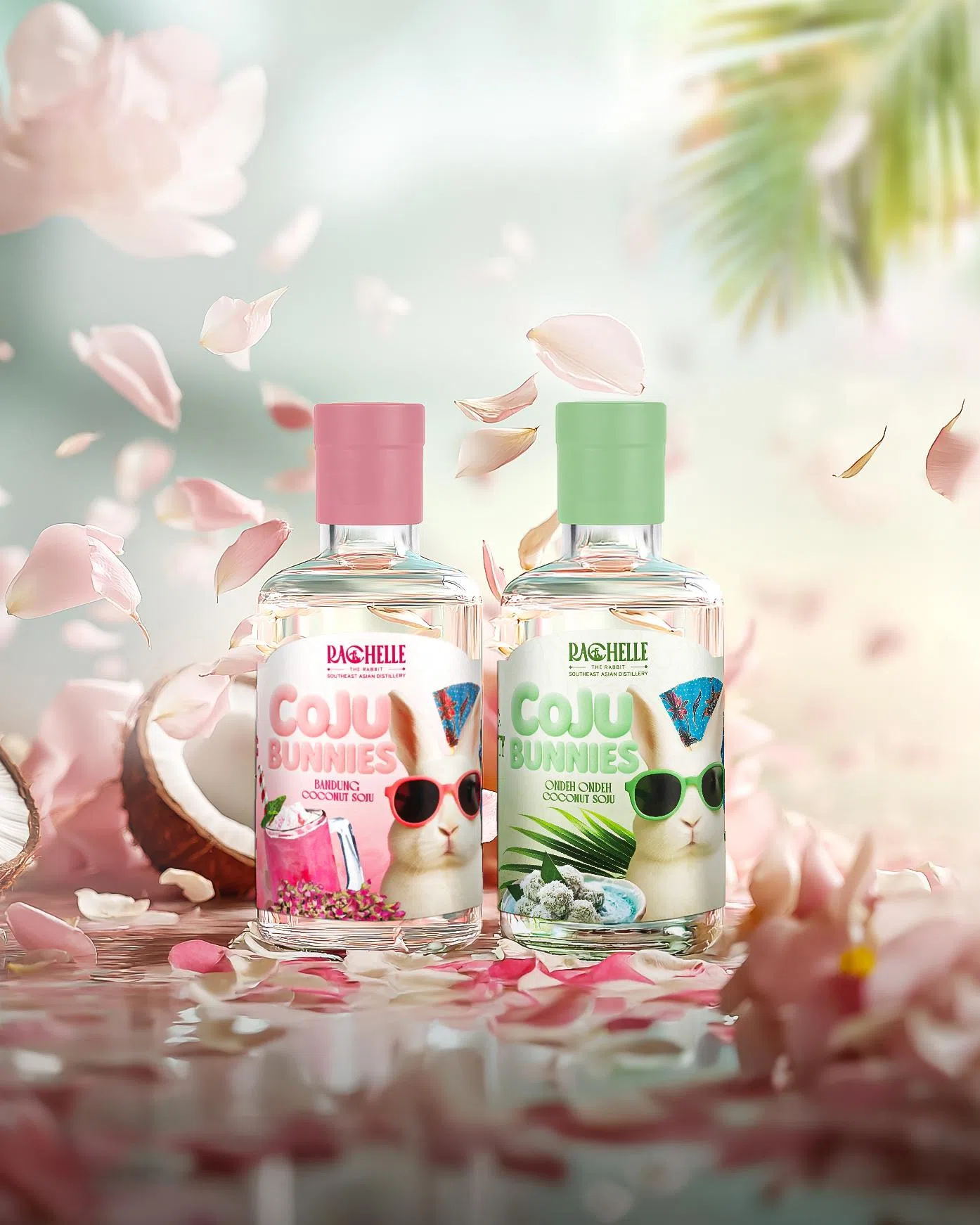 最新烧酒系列Coju Bunnies的Bandung Coju是玫瑰露加奶烧酒版，Ondeh Ondeh Coju是椰糖椰丝球甜品烧酒版。（酒商提供）