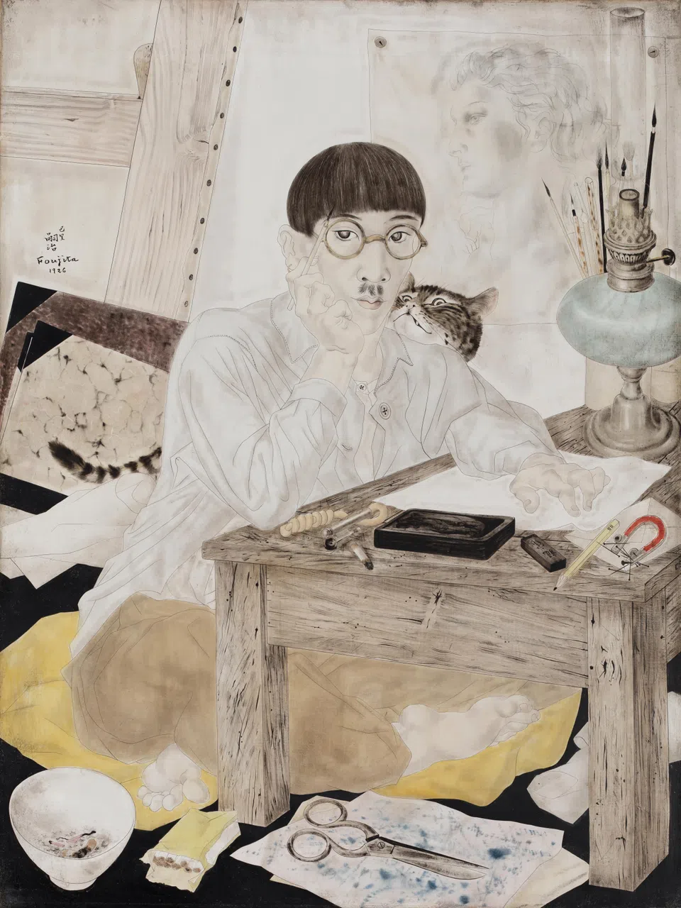 1920年代已成为巴黎明星人物的日本艺术家藤田嗣治在与猫的自画像中展示标志性形象与创新技法。（国家美术馆提供）