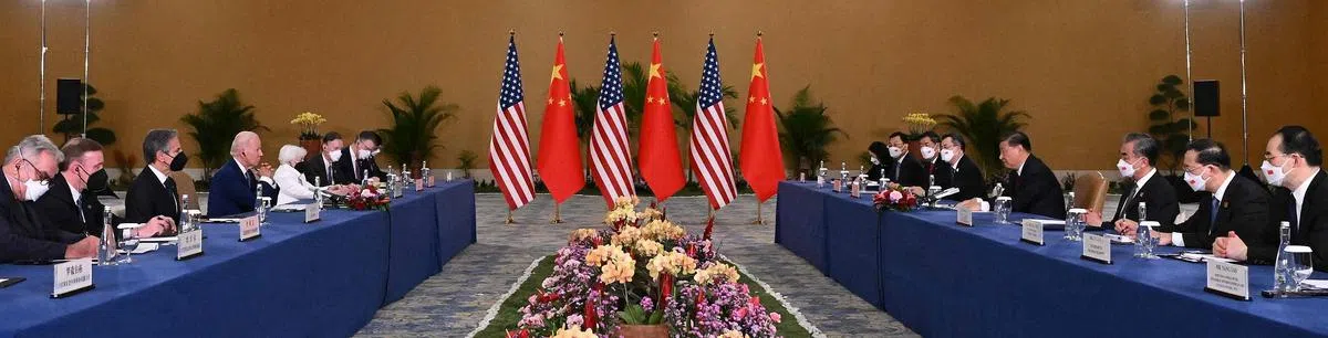 中国国家主席习近平在与美国总统拜登会晤时强调，台湾问题是中国核心利益中的核心，中美关系第一条不可逾越的红线。（法新社）