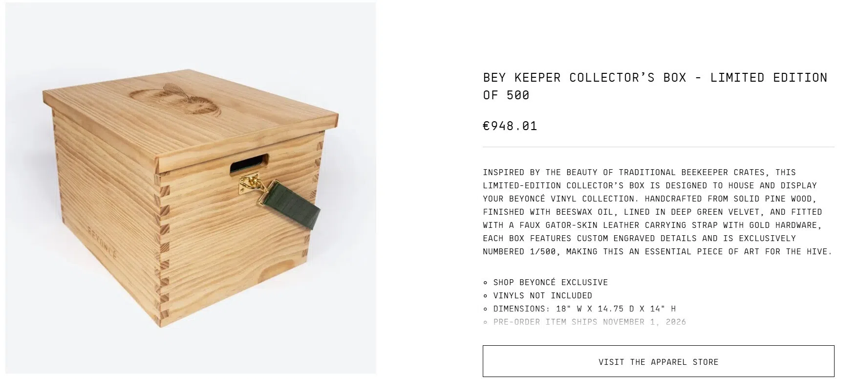 Beyonce共推出500个限量木制收藏盒，每个售价948.01欧元（约1400新元）。（取自Beyonce官网）