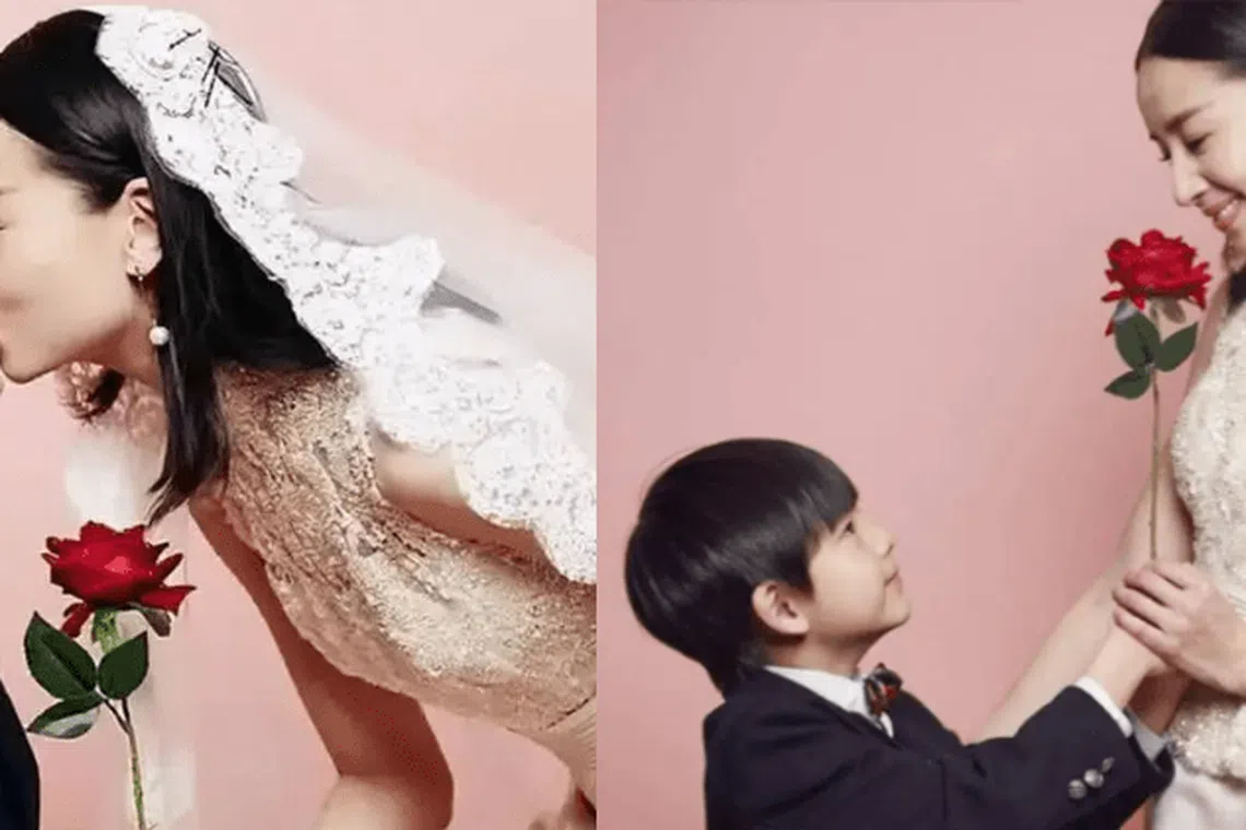 董洁和儿子拍婚纱照引起争议。（互联网）