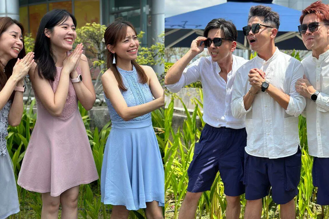 UFM100.3DJ全体出动，DJ苏于玲（左图，左起）、沈嘉怡、李欣盈与李庆鸿（右图、右起）、黄文鸿和詹靖禾担任姐妹团和兄弟团。（UFM100.3提供）