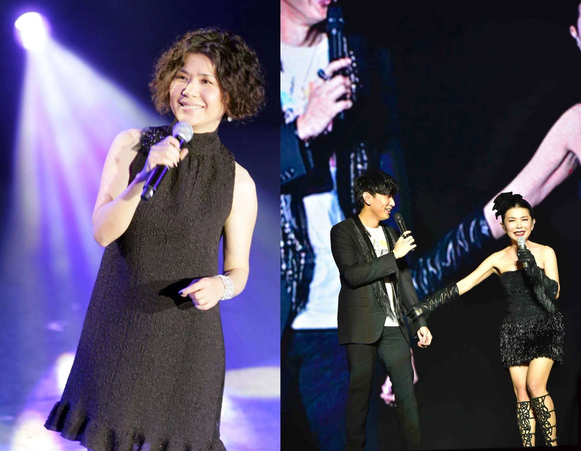 左图：张清芳2009年曾来新参与本地电视筹款演出。右图：她2016年于新加坡室内体育馆举行“芳华盛宴”演唱会，邀请林俊杰（左）担任嘉宾。（档案照）