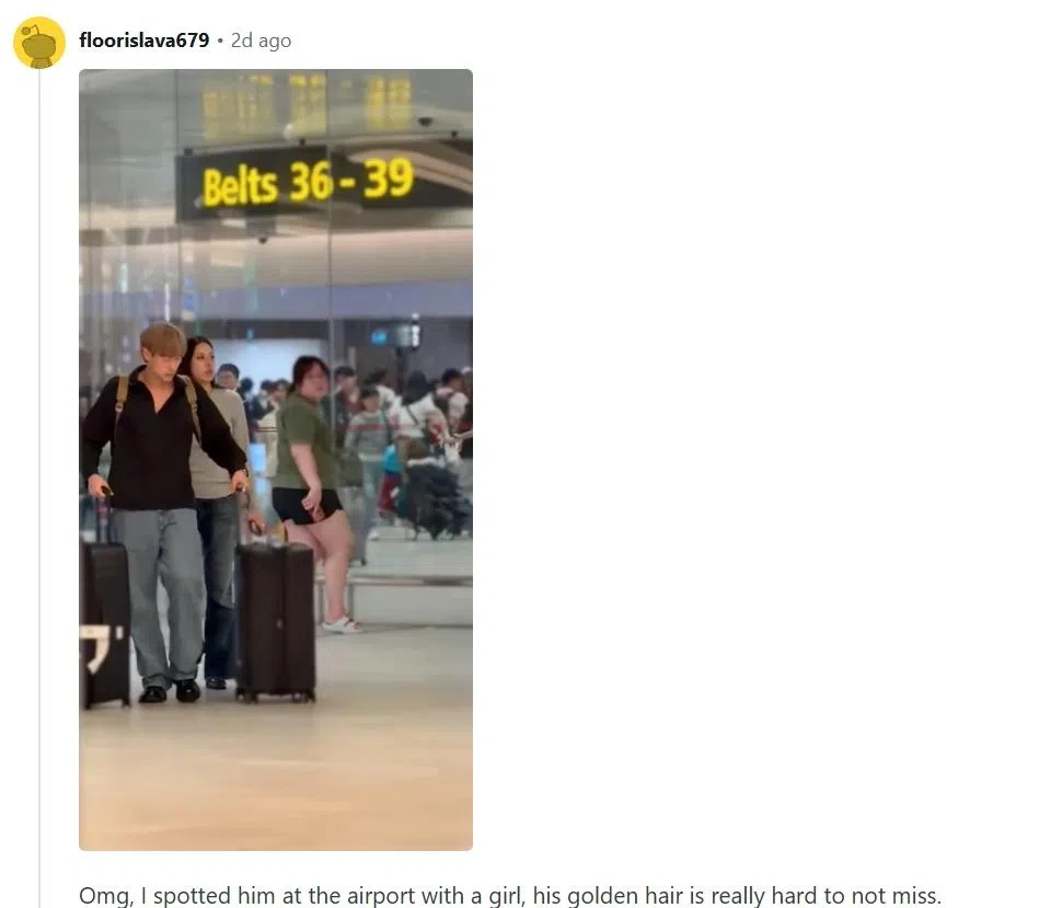 网民声称在机场看到谢俊峰为一名女子推行李。（截自Reddit）