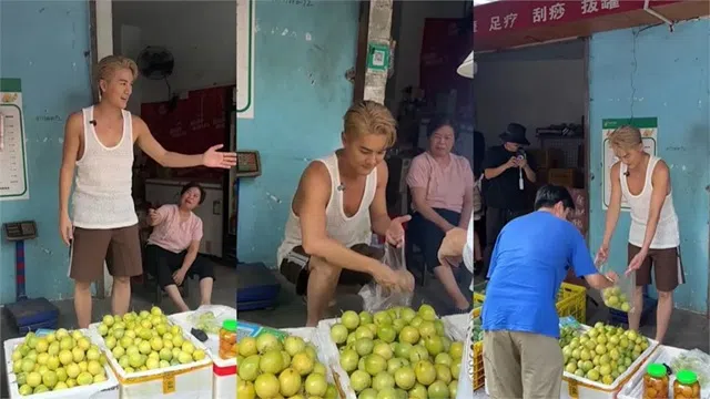 吴克群被网民拍到在街边卖水果，可能是在拍摄节目。（互联网）