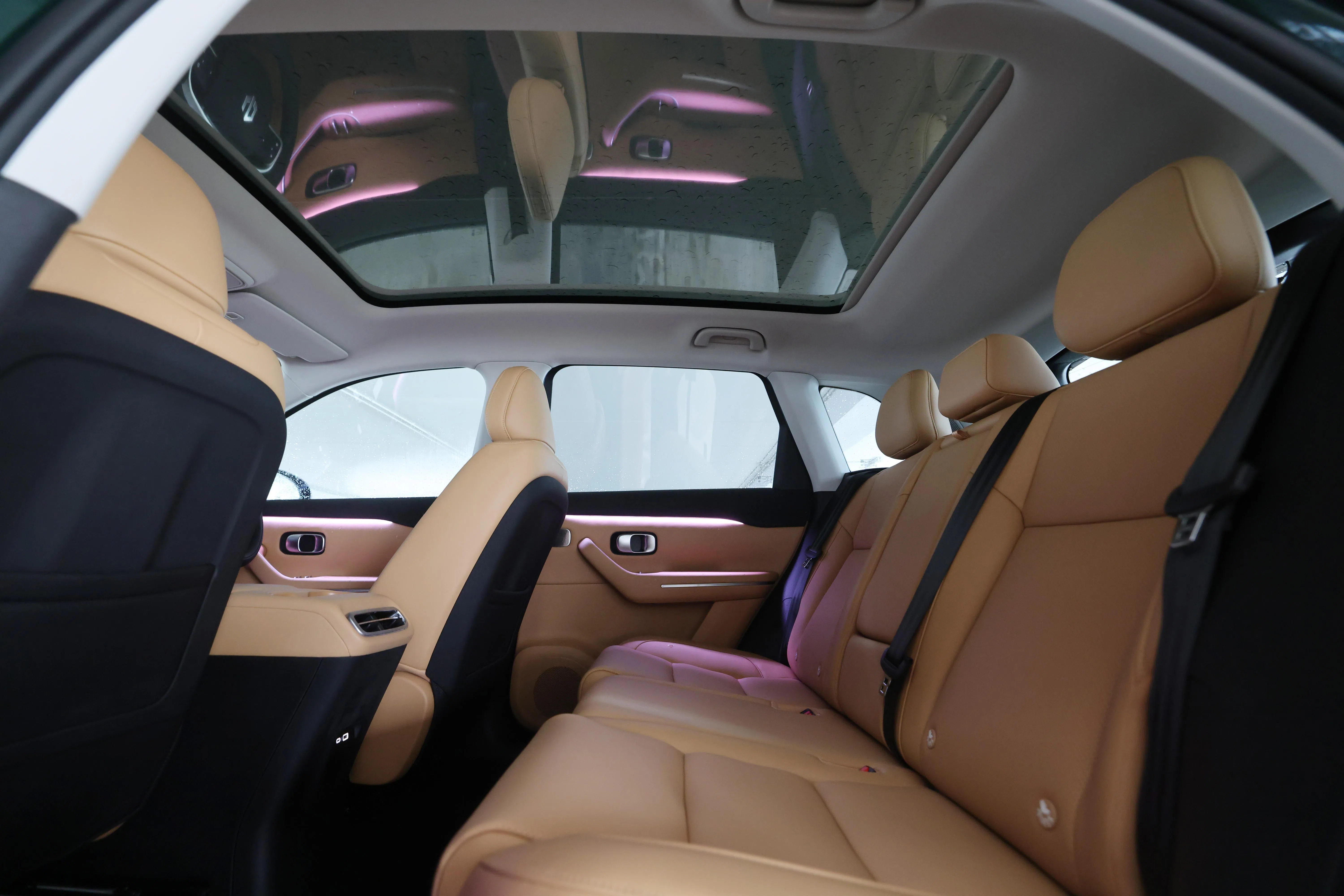 车子配有全景玻璃天窗，后座乘客空间充裕。（唐家鸿摄）