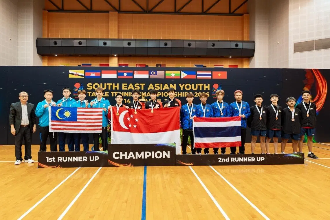 我国男队在U19男团决赛中以3比1战胜马来西亚，同样获得冠军。（新加坡乒乓球总会提供）