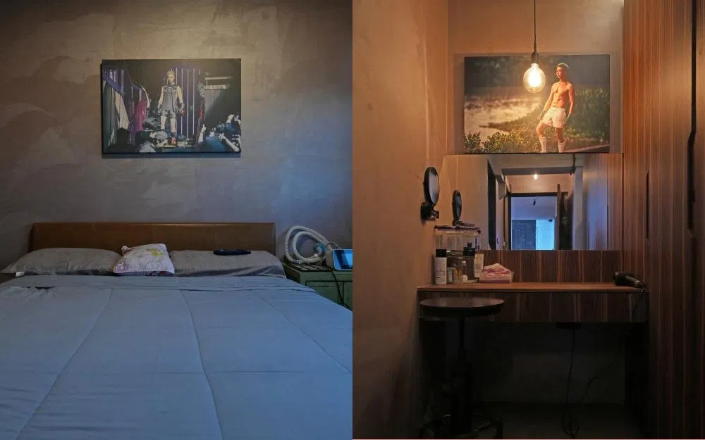 主人房挂着林俊良两年前参加西洋拳击比赛时所拍的“战斗照”。（谢智扬摄）