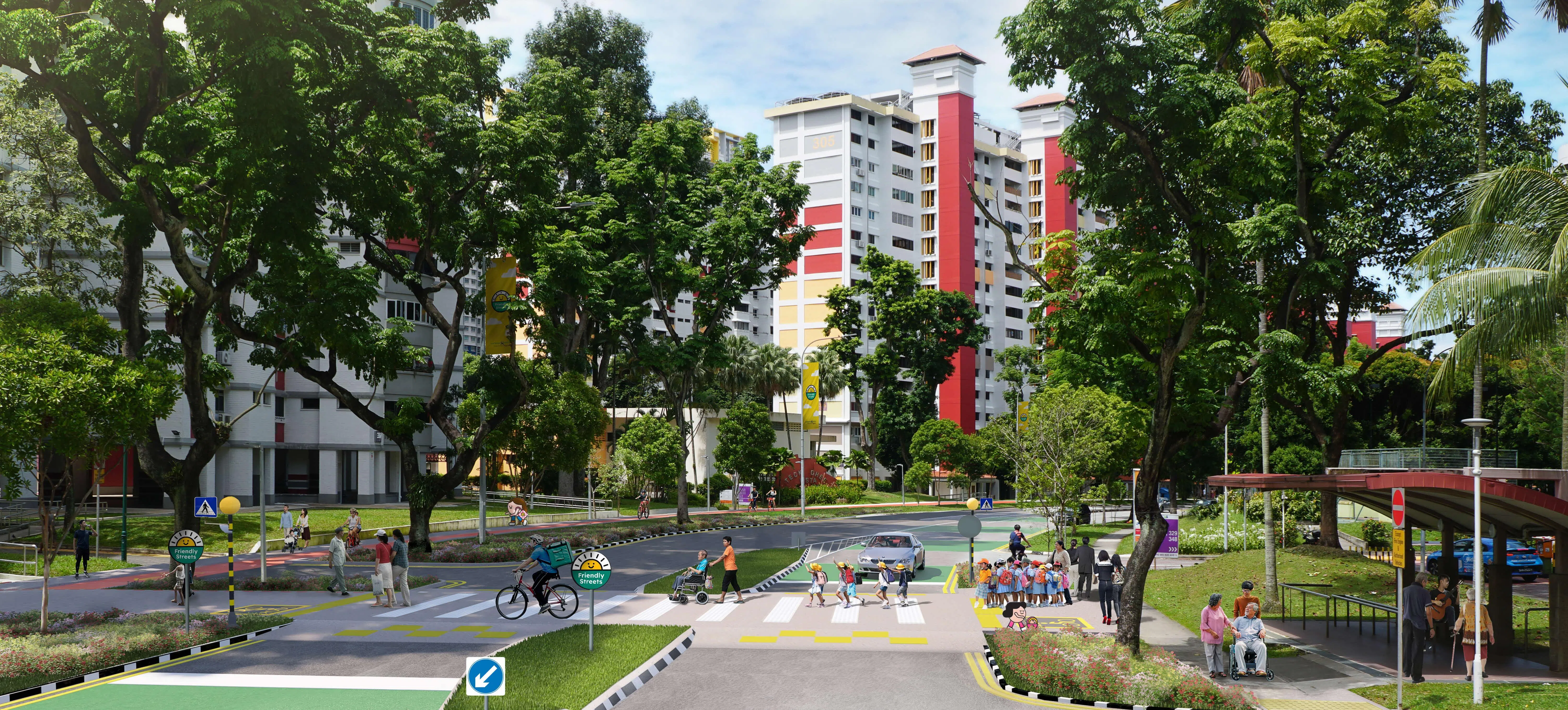 宏茂桥31街第318座和第348座组屋之间的斑马线与两旁走道齐平，让轮椅者、脚踏车骑士和推着婴儿车的家长，可以更容易和顺畅地过马路。（陆交局构想图）