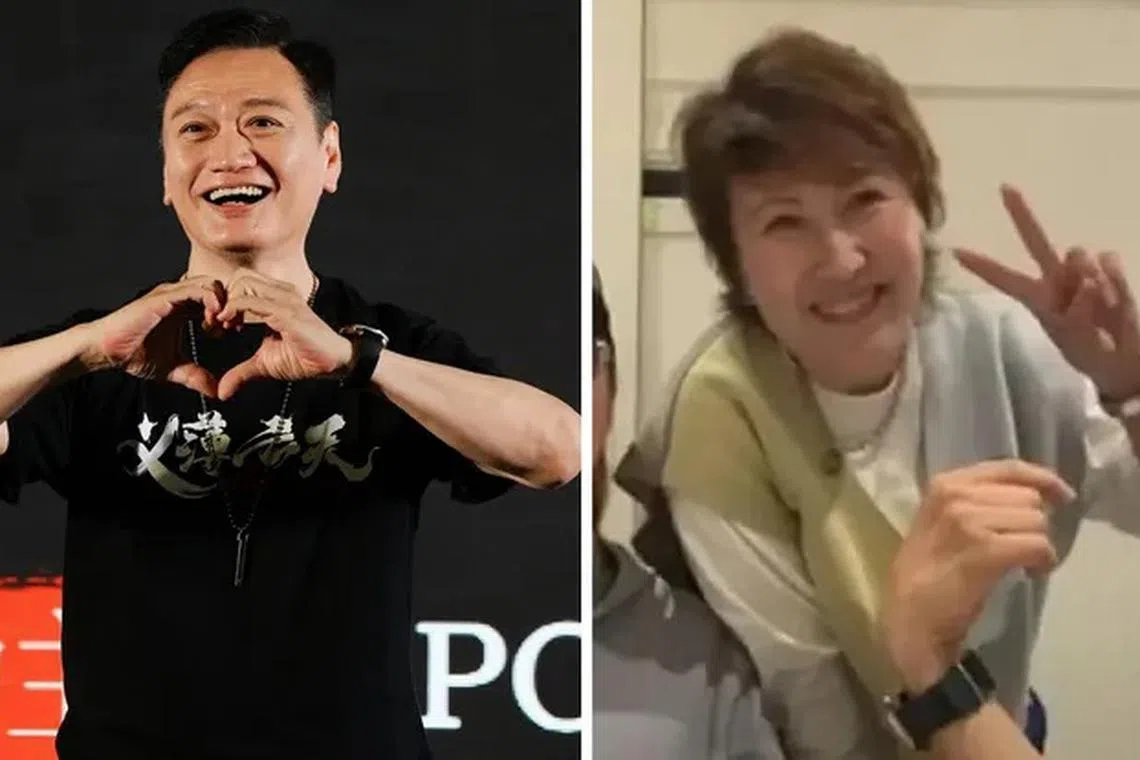 陶大宇再婚娶曾担任记者的家仪（右），她甜笑比V接受道贺。（取自艺人微博、视频截图）