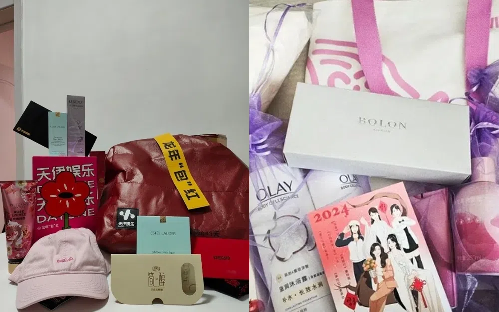 杨幂的礼盒（左图）由礼袋到礼物由头红到尾，杨紫的礼盒（右图）包装以紫色为主。（互联网）