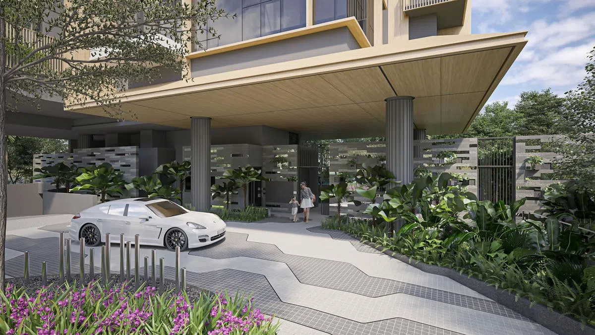 住户下车的抵达处，波浪形的地面设计，与冷色调的幕墙和温暖的木质材质形成对比，打造出现代化的优雅品味。（图/商家提供）