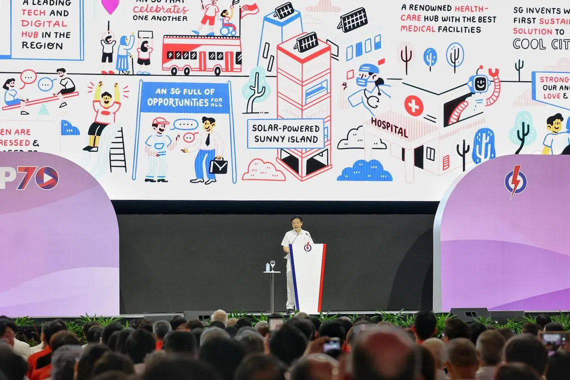 黄循财今年5月接任总理，他也会接掌行动党，并带领行动党参加来届大选。图为他星期天在党干部大会上讲话时，讲台上出现许多美好新加坡的画面。（唐家鸿摄）