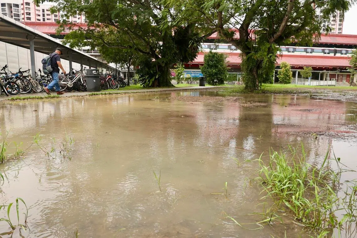 星期六（5月16日）上午一场大雨，导致湖畔（Lakeside）地铁站附近的空地出现积水。照片摄于下午3时左右。（邬福梁摄）