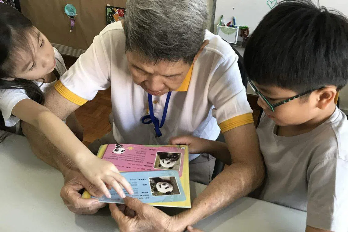 刚去动物园郊游的小朋友，为养老院的年长者介绍自己看到的熊猫。（受访者提供）