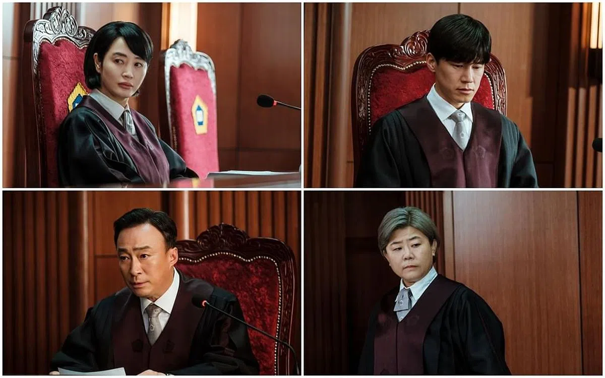 剧中4个法官各自抱持着不同理念，他们分别由（左起顺时针）金惠秀、金武烈、李姃垠及李圣旻饰演。（图/互联网）