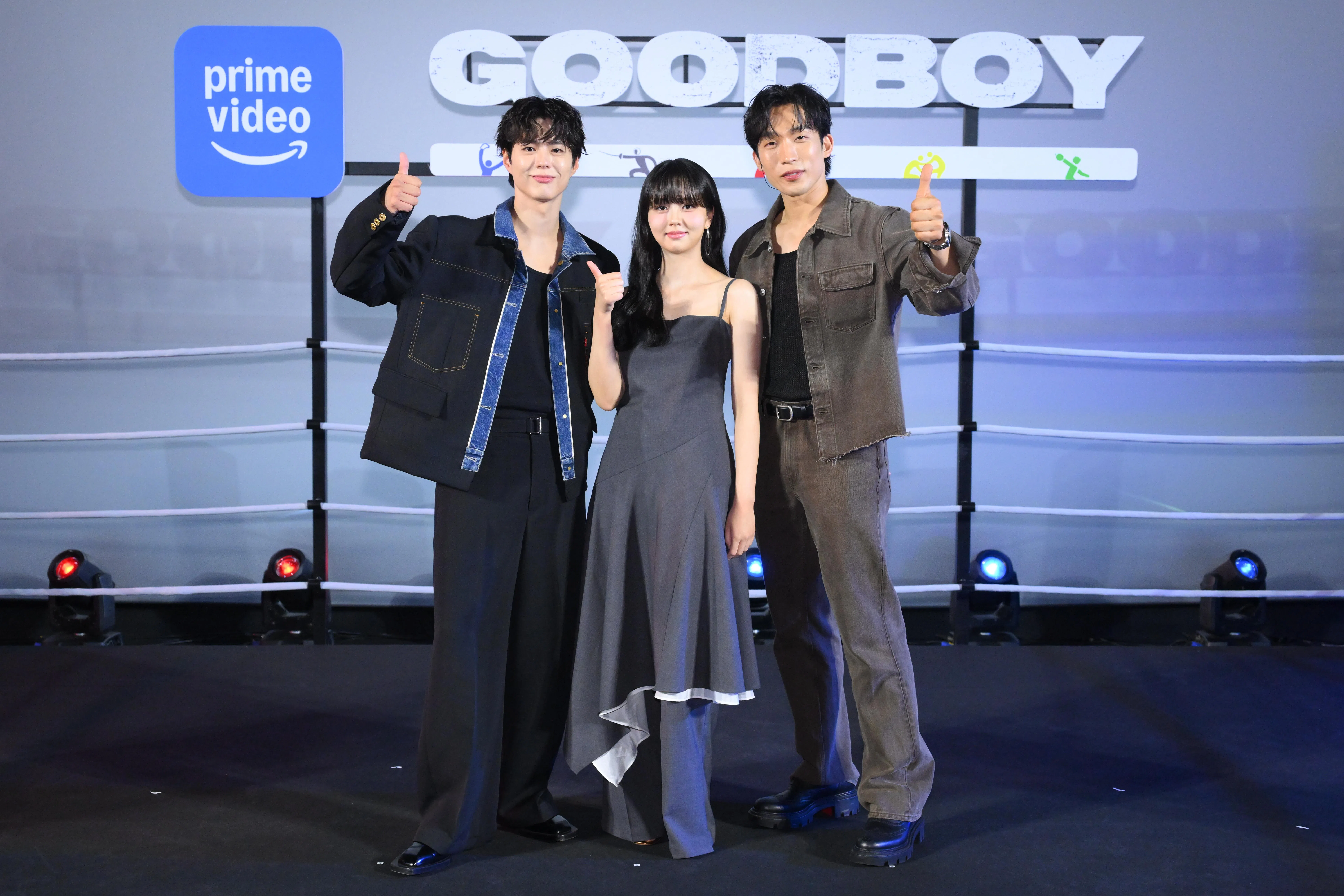 朴宝剑（左起）、金所泫和李相二到泰国曼谷出席动作电视剧《健将联盟》造势活动。（Prime Video提供）
