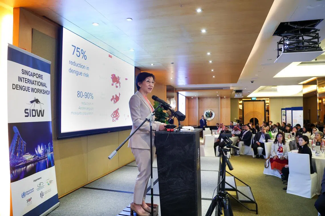 第八届新加坡国际骨痛热症工作坊星期一（11月25日）举行，活动主宾是永续发展与环境部长傅海燕（台上）。（林明顺摄）